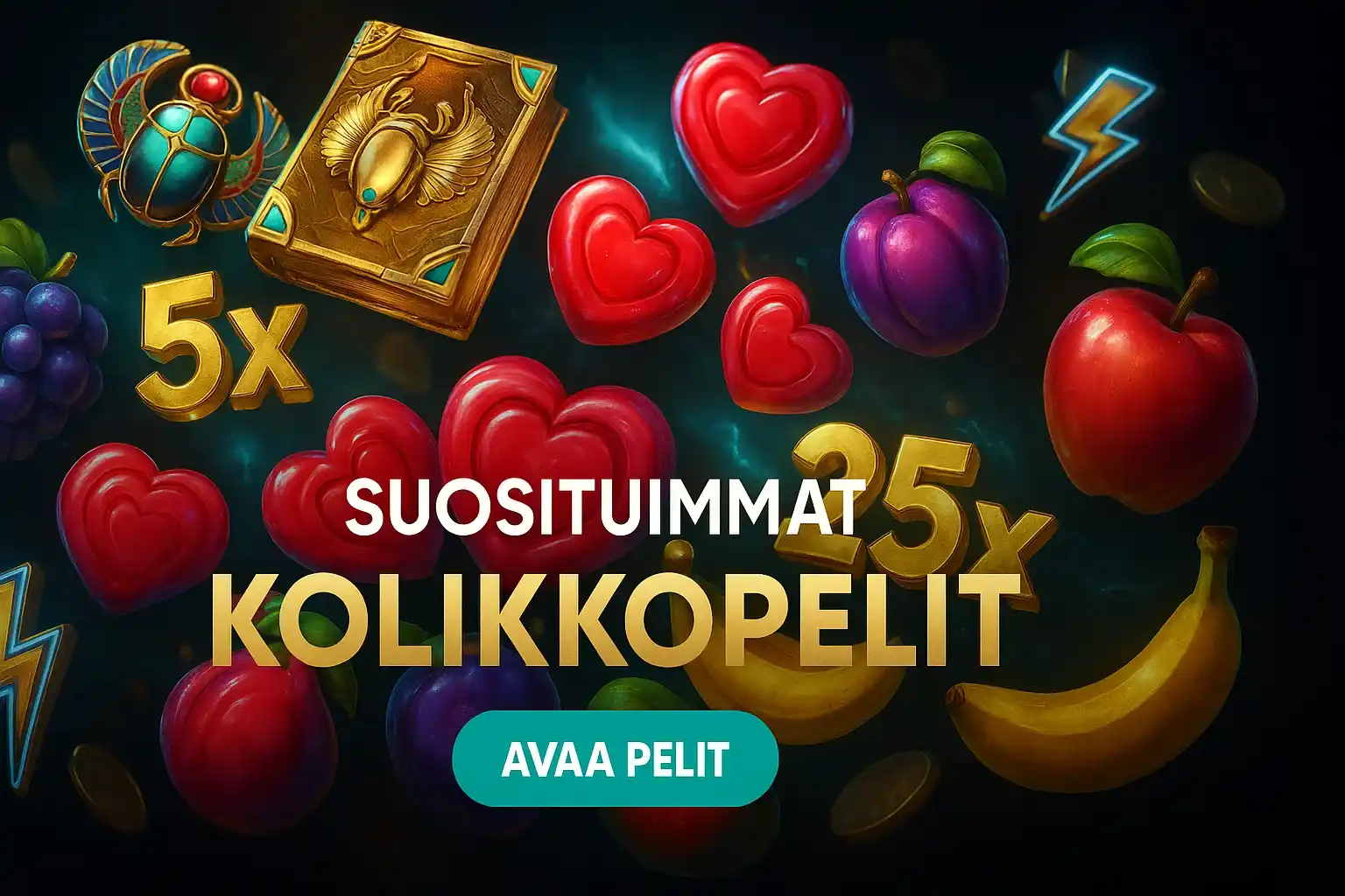 Fotorealistinen suomalainen kasinobanneri, kolikkopelisymbolit ja voittokertoimet, CTA-painike