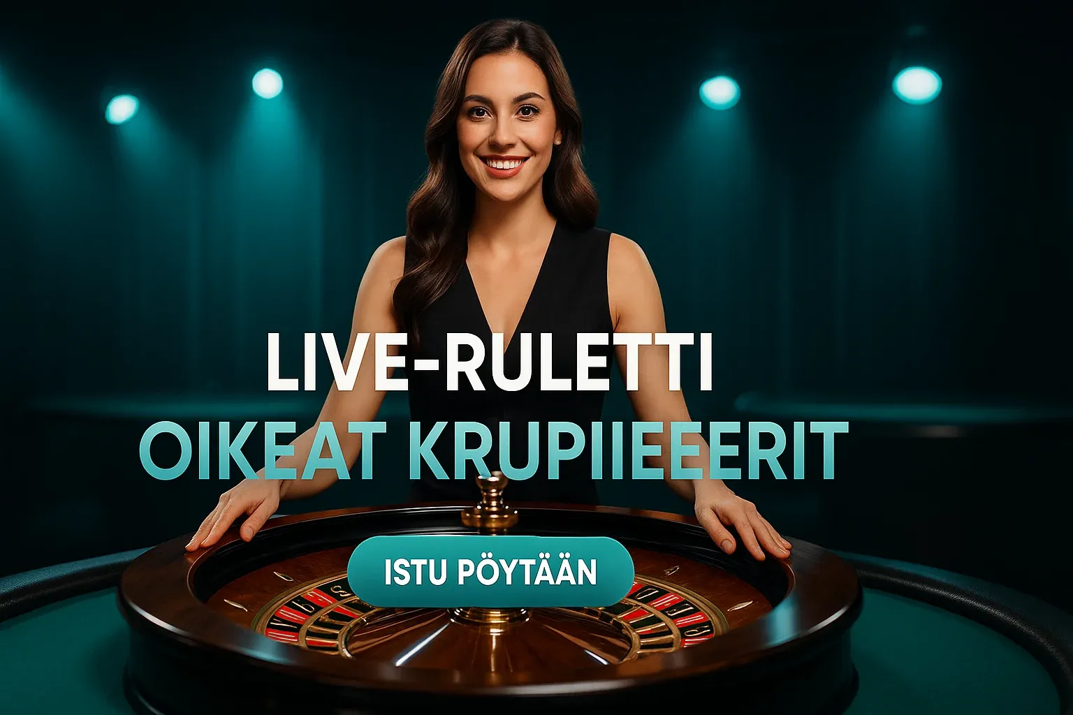 Fotorealistinen live-kasinobanneri, krupieeri ja kultainen rulettipyörä studiossa