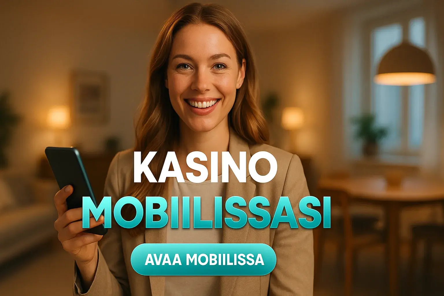 Suomalainen nainen pitelee älypuhelinta, kasinomainosbanneri mobiilissa, skandinaavinen koti